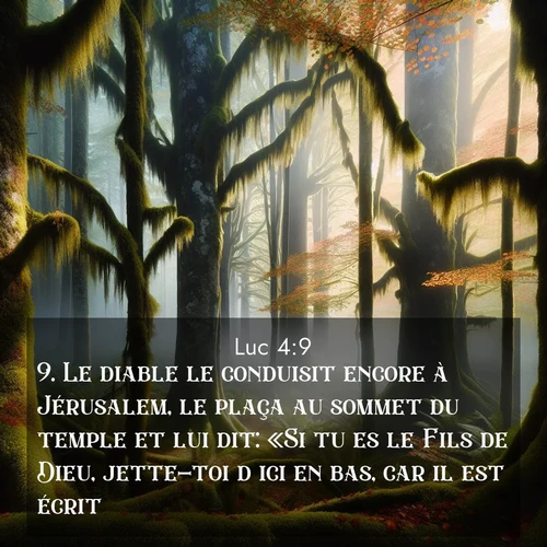 Segond21 Évangile selon Luc  ; image nature: image avec le verset biblique :Le diable le conduisit encore à Jérusalem, le plaça au sommet du temple et lui dit: «Si tu es le Fils de Dieu, jette-toi d&#039;ici en bas, car il est écrit: ;  ; 4:9