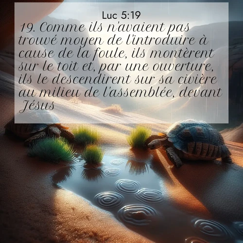 Segond21 Évangile selon Luc  ; image nature: image avec le verset biblique :Comme ils n&#039;avaient pas trouvé moyen de l&#039;introduire à cause de la foule, ils montèrent sur le toit et, par une ouverture, ils le descendirent sur sa civière au milieu de l&#039;assemblée, devant Jésus. ;  ; 5:19