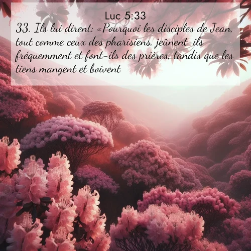 Segond21 Évangile selon Luc  ; image nature: image avec le verset biblique :Ils lui dirent: «Pourquoi les disciples de Jean, tout comme ceux des pharisiens, jeûnent-ils fréquemment et font-ils des prières, tandis que les tiens mangent et boivent?» ;  ; 5:33