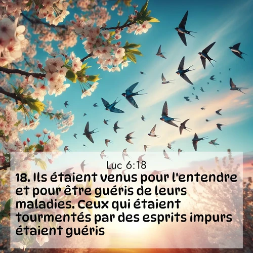 Segond21 Évangile selon Luc  ; image nature: image avec le verset biblique :Ils étaient venus pour l&#039;entendre et pour être guéris de leurs maladies. Ceux qui étaient tourmentés par des esprits impurs étaient guéris, ;  ; 6:18
