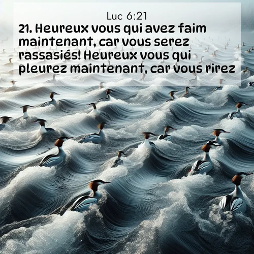 Segond21 Évangile selon Luc  ; image nature: image avec le verset biblique :Heureux vous qui avez faim maintenant, car vous serez rassasiés! Heureux vous qui pleurez maintenant, car vous rirez! ;  ; 6:21