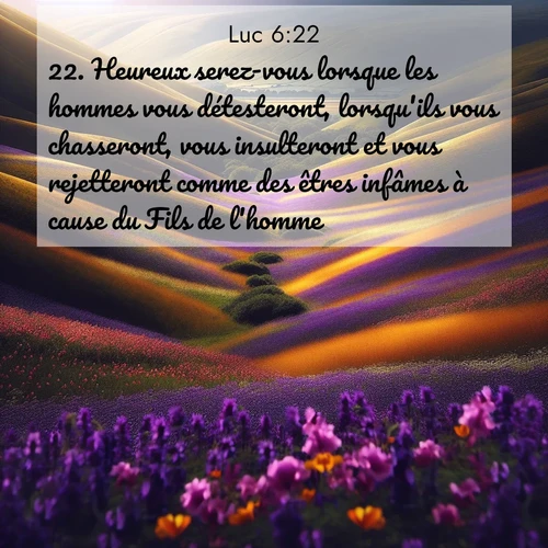 Segond21 Évangile selon Luc  ; image nature: image avec le verset biblique :Heureux serez-vous lorsque les hommes vous détesteront, lorsqu&#039;ils vous chasseront, vous insulteront et vous rejetteront comme des êtres infâmes à cause du Fils de l&#039;homme! ;  ; 6:22