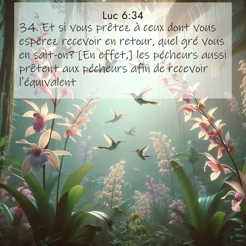 Segond21 Évangile selon Luc  ; image nature: image avec le verset biblique :Et si vous prêtez à ceux dont vous espérez recevoir en retour, quel gré vous en sait-on? [En effet,] les pécheurs aussi prêtent aux pécheurs afin de recevoir l&#039;équivalent. ;  ; 6:34