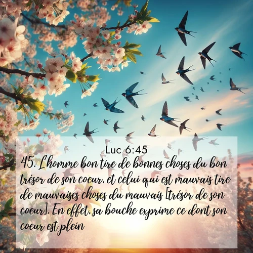 Segond21 Évangile selon Luc  ; image nature: image avec le verset biblique :L&#039;homme bon tire de bonnes choses du bon trésor de son coeur, et celui qui est mauvais tire de mauvaises choses du mauvais [trésor de son coeur]. En effet, sa bouche exprime ce dont son coeur est plein. ;  ; 6:45