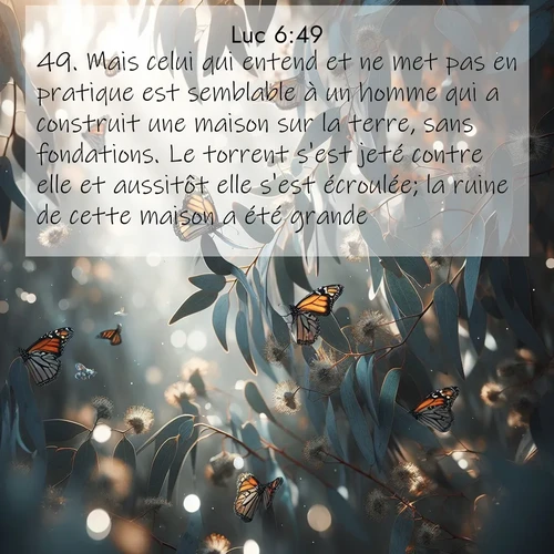 Segond21 Évangile selon Luc  ; image nature: image avec le verset biblique :Mais celui qui entend et ne met pas en pratique est semblable à un homme qui a construit une maison sur la terre, sans fondations. Le torrent s&#039;est jeté contre elle et aussitôt elle s&#039;est écroulée; la ruine de cette maison a été grande.» ;  ; 6:49