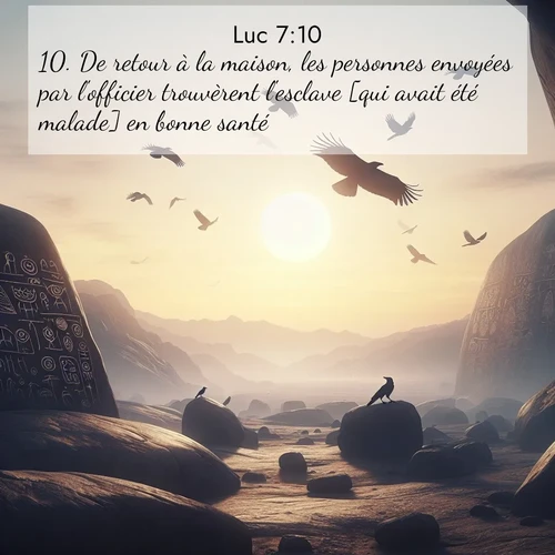 Segond21 Évangile selon Luc  ; image nature: image avec le verset biblique :De retour à la maison, les personnes envoyées par l&#039;officier trouvèrent l&#039;esclave [qui avait été malade] en bonne santé. ;  ; 7:10