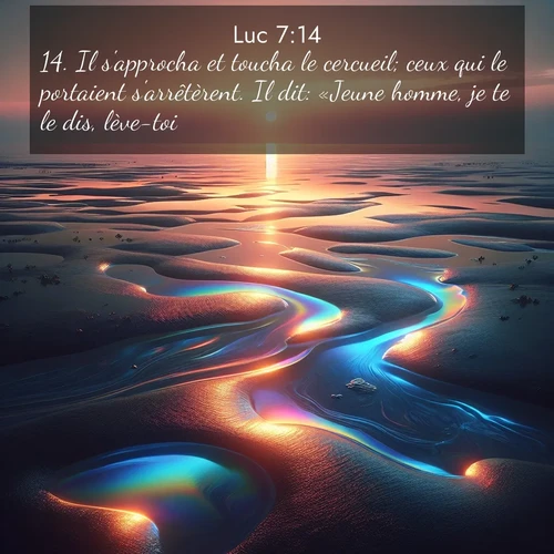 Segond21 Évangile selon Luc  ; image nature: image avec le verset biblique :Il s&#039;approcha et toucha le cercueil; ceux qui le portaient s&#039;arrêtèrent. Il dit: «Jeune homme, je te le dis, lève-toi!» ;  ; 7:14