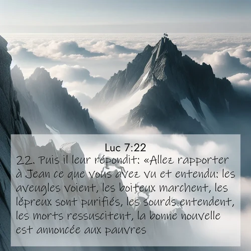 Segond21 Évangile selon Luc  ; image nature: image avec le verset biblique :Puis il leur répondit: «Allez rapporter à Jean ce que vous avez vu et entendu: les aveugles voient, les boiteux marchent, les lépreux sont purifiés, les sourds entendent, les morts ressuscitent, la bonne nouvelle est annoncée aux pauvres. ;  ; 7:22