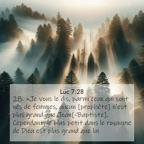 Segond21 Évangile selon Luc  ; image nature: image avec le verset biblique :»Je vous le dis, parmi ceux qui sont nés de femmes, aucun [prophète] n&#039;est plus grand que Jean[-Baptiste]. Cependant, le plus petit dans le royaume de Dieu est plus grand que lui. ;  ; 7:28