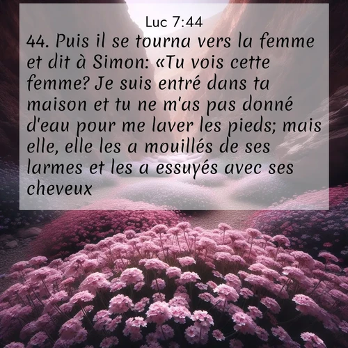 Segond21 Évangile selon Luc  ; image nature: image avec le verset biblique :Puis il se tourna vers la femme et dit à Simon: «Tu vois cette femme? Je suis entré dans ta maison et tu ne m&#039;as pas donné d&#039;eau pour me laver les pieds; mais elle, elle les a mouillés de ses larmes et les a essuyés avec ses cheveux. ;  ; 7:44