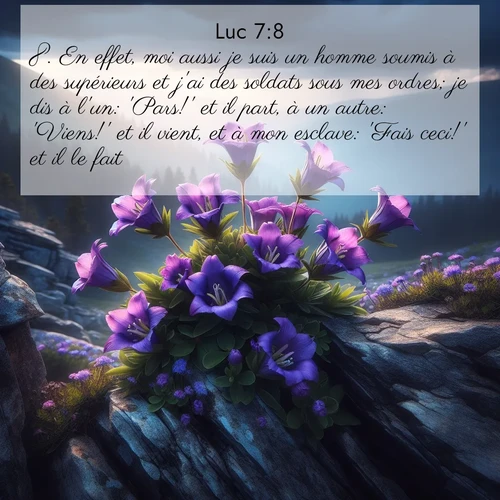 Segond21 Évangile selon Luc  ; image nature: image avec le verset biblique :En effet, moi aussi je suis un homme soumis à des supérieurs et j&#039;ai des soldats sous mes ordres; je dis à l&#039;un: &#039;Pars!&#039; et il part, à un autre: &#039;Viens!&#039; et il vient, et à mon esclave: &#039;Fais ceci!&#039; et il le fait.» ;  ; 7:8
