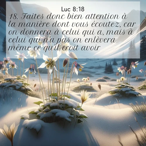 Segond21 Évangile selon Luc  ; image nature: image avec le verset biblique :Faites donc bien attention à la manière dont vous écoutez, car on donnera à celui qui a, mais à celui qui n&#039;a pas on enlèvera même ce qu&#039;il croit avoir.» ;  ; 8:18