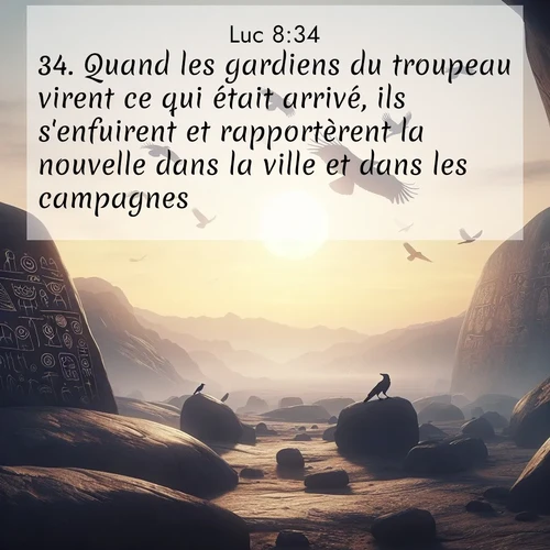 Segond21 Évangile selon Luc  ; image nature: image avec le verset biblique :Quand les gardiens du troupeau virent ce qui était arrivé, ils s&#039;enfuirent et rapportèrent la nouvelle dans la ville et dans les campagnes. ;  ; 8:34