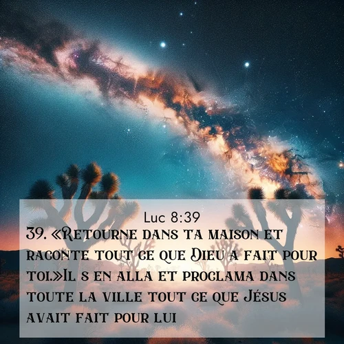 Segond21 Évangile selon Luc  ; image nature: image avec le verset biblique :«Retourne dans ta maison et raconte tout ce que Dieu a fait pour toi.»Il s&#039;en alla et proclama dans toute la ville tout ce que Jésus avait fait pour lui. ;  ; 8:39