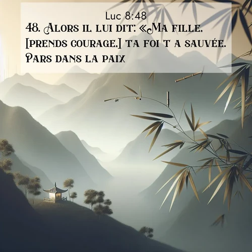 Segond21 Évangile selon Luc  ; image nature: image avec le verset biblique :Alors il lui dit: «Ma fille, [prends courage,] ta foi t&#039;a sauvée. Pars dans la paix!» ;  ; 8:48