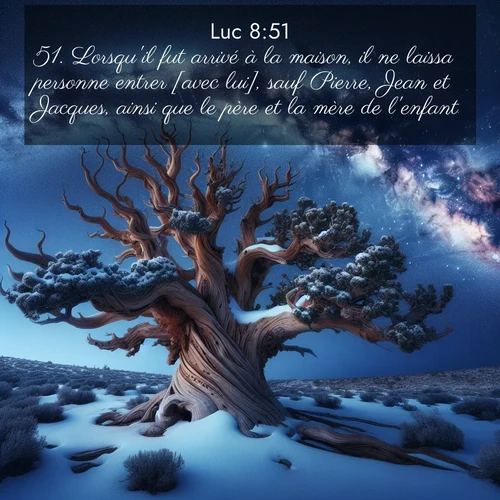 Segond21 Évangile selon Luc  ; image nature: image avec le verset biblique :Lorsqu&#039;il fut arrivé à la maison, il ne laissa personne entrer [avec lui], sauf Pierre, Jean et Jacques, ainsi que le père et la mère de l&#039;enfant. ;  ; 8:51