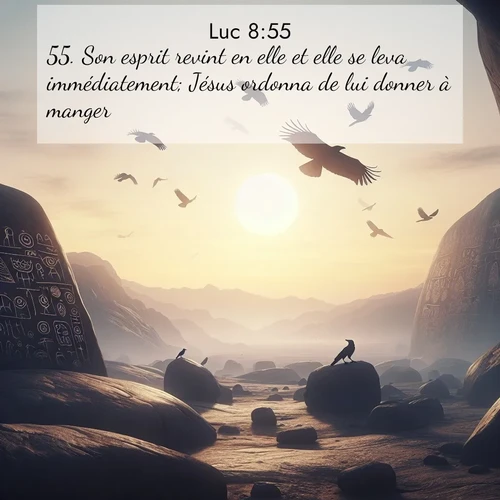 Segond21 Évangile selon Luc  ; image nature: image avec le verset biblique :Son esprit revint en elle et elle se leva immédiatement; Jésus ordonna de lui donner à manger. ;  ; 8:55