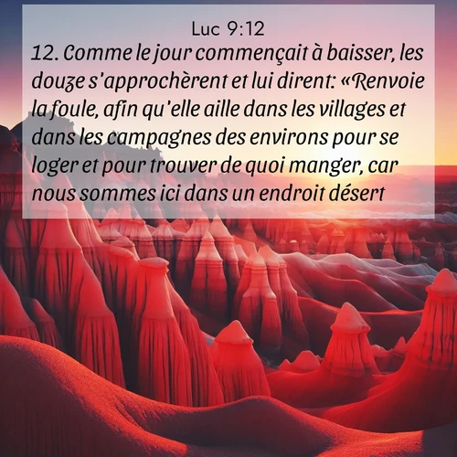 Segond21 Évangile selon Luc  ; image nature: image avec le verset biblique :Comme le jour commençait à baisser, les douze s&#039;approchèrent et lui dirent: «Renvoie la foule, afin qu&#039;elle aille dans les villages et dans les campagnes des environs pour se loger et pour trouver de quoi manger, car nous sommes ici dans un endroit désert.» ;  ; 9:12