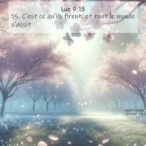Segond21 Évangile selon Luc  ; image nature: image avec le verset biblique :C&#039;est ce qu&#039;ils firent, et tout le monde s&#039;assit. ;  ; 9:15
