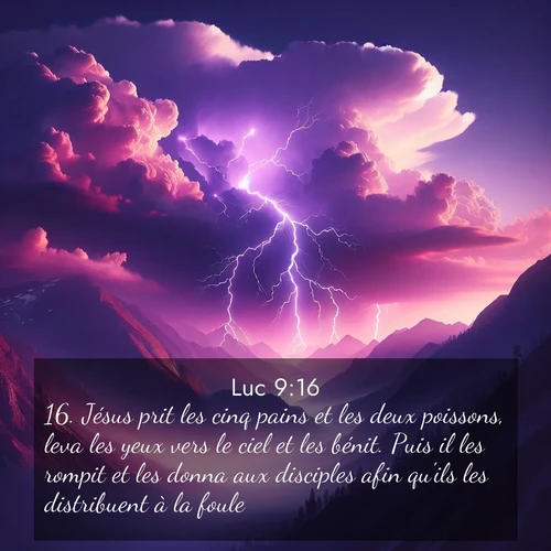 Segond21 Évangile selon Luc  ; image nature: image avec le verset biblique :Jésus prit les cinq pains et les deux poissons, leva les yeux vers le ciel et les bénit. Puis il les rompit et les donna aux disciples afin qu&#039;ils les distribuent à la foule. ;  ; 9:16