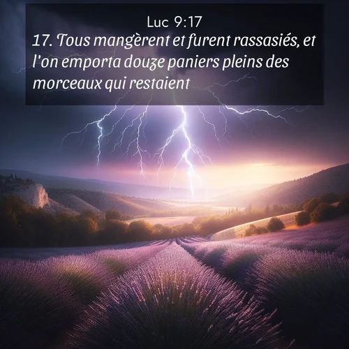 Segond21 Évangile selon Luc  ; image nature: image avec le verset biblique :Tous mangèrent et furent rassasiés, et l&#039;on emporta douze paniers pleins des morceaux qui restaient. ;  ; 9:17