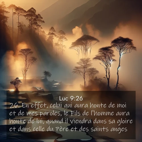 Segond21 Évangile selon Luc  ; image nature: image avec le verset biblique :En effet, celui qui aura honte de moi et de mes paroles, le Fils de l&#039;homme aura honte de lui, quand il viendra dans sa gloire et dans celle du Père et des saints anges. ;  ; 9:26