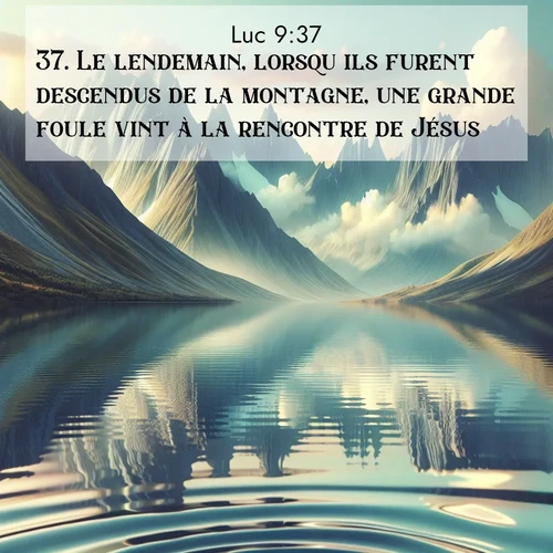 Segond21 Évangile selon Luc  ; image nature: image avec le verset biblique :Le lendemain, lorsqu&#039;ils furent descendus de la montagne, une grande foule vint à la rencontre de Jésus. ;  ; 9:37