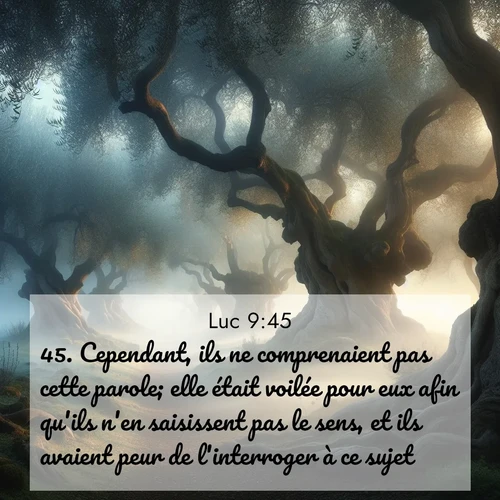 Segond21 Évangile selon Luc  ; image nature: image avec le verset biblique :Cependant, ils ne comprenaient pas cette parole; elle était voilée pour eux afin qu&#039;ils n&#039;en saisissent pas le sens, et ils avaient peur de l&#039;interroger à ce sujet. ;  ; 9:45