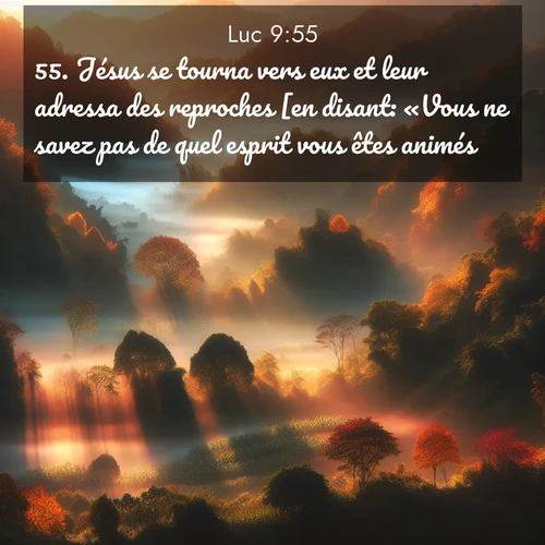 Segond21 Évangile selon Luc  ; image nature: image avec le verset biblique :Jésus se tourna vers eux et leur adressa des reproches [en disant: «Vous ne savez pas de quel esprit vous êtes animés. ;  ; 9:55