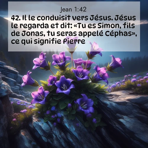 Segond21 Évangile selon Jean  ; image nature: image avec le verset biblique :Il le conduisit vers Jésus. Jésus le regarda et dit: «Tu es Simon, fils de Jonas, tu seras appelé Céphas», ce qui signifie Pierre. ;  ; 1:42