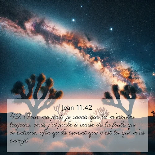 Segond21 Évangile selon Jean  ; image nature: image avec le verset biblique :Pour ma part, je savais que tu m&#039;écoutes toujours, mais j&#039;ai parlé à cause de la foule qui m&#039;entoure, afin qu&#039;ils croient que c&#039;est toi qui m&#039;as envoyé.» ;  ; 11:42