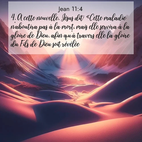 Segond21 Évangile selon Jean  ; image nature: image avec le verset biblique :A cette nouvelle, Jésus dit: «Cette maladie n&#039;aboutira pas à la mort, mais elle servira à la gloire de Dieu, afin qu&#039;à travers elle la gloire du Fils de Dieu soit révélée.» ;  ; 11:4