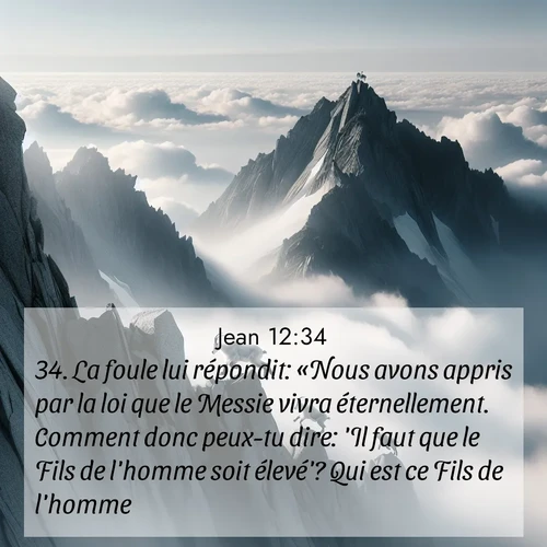 Segond21 Évangile selon Jean  ; image nature: image avec le verset biblique :La foule lui répondit: «Nous avons appris par la loi que le Messie vivra éternellement. Comment donc peux-tu dire: &#039;Il faut que le Fils de l&#039;homme soit élevé&#039;? Qui est ce Fils de l&#039;homme?» ;  ; 12:34