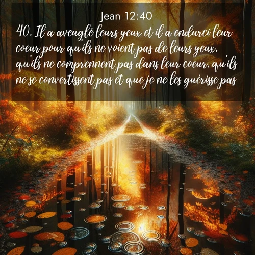 Segond21 Évangile selon Jean  ; image nature: image avec le verset biblique :Il a aveuglé leurs yeux et il a endurci leur coeur pour qu&#039;ils ne voient pas de leurs yeux, qu&#039;ils ne comprennent pas dans leur coeur, qu&#039;ils ne se convertissent pas et que je ne les guérisse pas. ;  ; 12:40