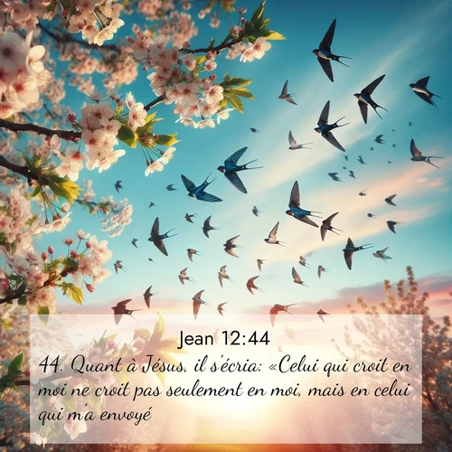 Segond21 Évangile selon Jean  ; image nature: image avec le verset biblique :Quant à Jésus, il s&#039;écria: «Celui qui croit en moi ne croit pas seulement en moi, mais en celui qui m&#039;a envoyé, ;  ; 12:44