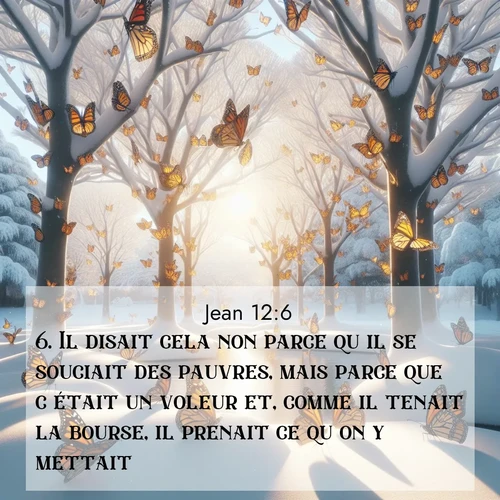 Segond21 Évangile selon Jean  ; image nature: image avec le verset biblique :Il disait cela non parce qu&#039;il se souciait des pauvres, mais parce que c&#039;était un voleur et, comme il tenait la bourse, il prenait ce qu&#039;on y mettait. ;  ; 12:6