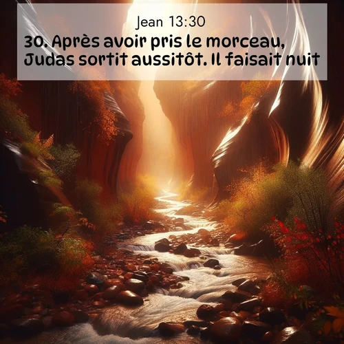 Segond21 Évangile selon Jean  ; image nature: image avec le verset biblique :Après avoir pris le morceau, Judas sortit aussitôt. Il faisait nuit. ;  ; 13:30
