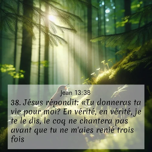 Segond21 Évangile selon Jean  ; image nature: image avec le verset biblique :Jésus répondit: «Tu donneras ta vie pour moi? En vérité, en vérité, je te le dis, le coq ne chantera pas avant que tu ne m&#039;aies renié trois fois. ;  ; 13:38