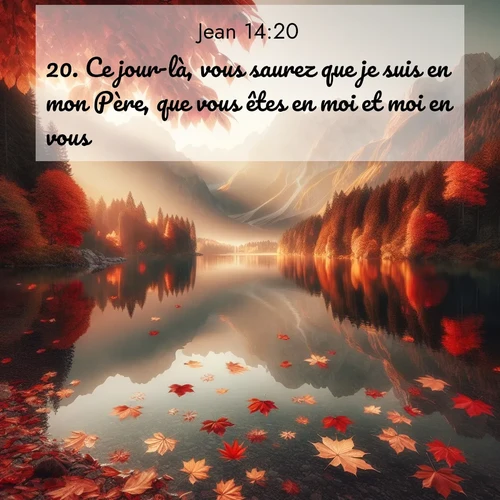 Segond21 Évangile selon Jean  ; image nature: image avec le verset biblique :Ce jour-là, vous saurez que je suis en mon Père, que vous êtes en moi et moi en vous. ;  ; 14:20
