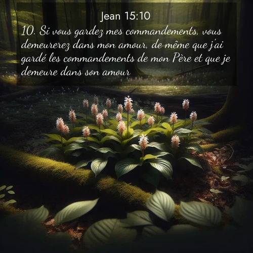 Segond21 Évangile selon Jean  ; image nature: image avec le verset biblique :Si vous gardez mes commandements, vous demeurerez dans mon amour, de même que j&#039;ai gardé les commandements de mon Père et que je demeure dans son amour. ;  ; 15:10