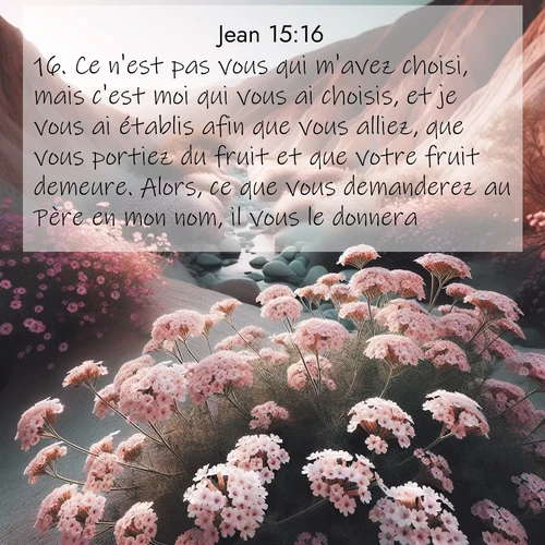 Segond21 Évangile selon Jean  ; image nature: image avec le verset biblique :Ce n&#039;est pas vous qui m&#039;avez choisi, mais c&#039;est moi qui vous ai choisis, et je vous ai établis afin que vous alliez, que vous portiez du fruit et que votre fruit demeure. Alors, ce que vous demanderez au Père en mon nom, il vous le donnera. ;  ; 15:16