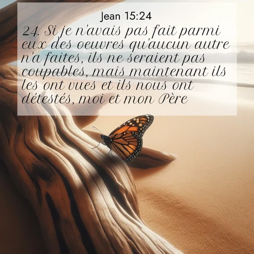 Segond21 Évangile selon Jean  ; image nature: image avec le verset biblique :Si je n&#039;avais pas fait parmi eux des oeuvres qu&#039;aucun autre n&#039;a faites, ils ne seraient pas coupables, mais maintenant ils les ont vues et ils nous ont détestés, moi et mon Père. ;  ; 15:24
