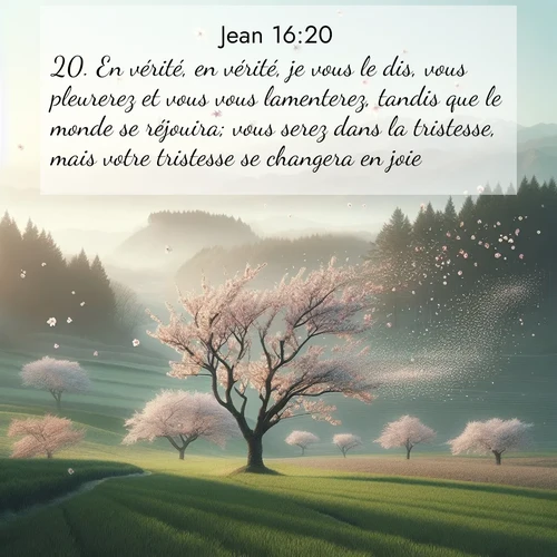 Segond21 Évangile selon Jean  ; image nature: image avec le verset biblique :En vérité, en vérité, je vous le dis, vous pleurerez et vous vous lamenterez, tandis que le monde se réjouira; vous serez dans la tristesse, mais votre tristesse se changera en joie. ;  ; 16:20