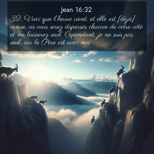 Segond21 Évangile selon Jean  ; image nature: image avec le verset biblique :Voici que l&#039;heure vient, et elle est [déjà] venue, où vous serez dispersés chacun de votre côté et me laisserez seul. Cependant, je ne suis pas seul, car le Père est avec moi. ;  ; 16:32