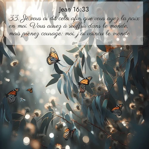 Segond21 Évangile selon Jean  ; image nature: image avec le verset biblique :Je vous ai dit cela afin que vous ayez la paix en moi. Vous aurez à souffrir dans le monde, mais prenez courage: moi, j&#039;ai vaincu le monde.» ;  ; 16:33