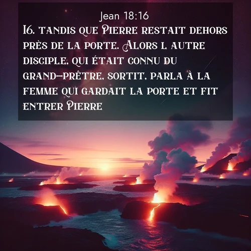 Segond21 Évangile selon Jean  ; image nature: image avec le verset biblique :tandis que Pierre restait dehors près de la porte. Alors l&#039;autre disciple, qui était connu du grand-prêtre, sortit, parla à la femme qui gardait la porte et fit entrer Pierre. ;  ; 18:16