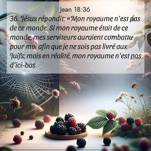 Segond21 Évangile selon Jean  ; image nature: image avec le verset biblique :Jésus répondit: «Mon royaume n&#039;est pas de ce monde. Si mon royaume était de ce monde, mes serviteurs auraient combattu pour moi afin que je ne sois pas livré aux Juifs; mais en réalité, mon royaume n&#039;est pas d&#039;ici-bas.» ;  ; 18:36