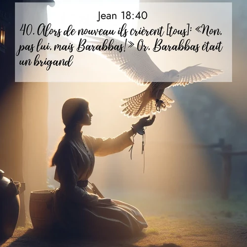 Segond21 Évangile selon Jean  ; image nature: image avec le verset biblique :Alors de nouveau ils crièrent [tous]: «Non, pas lui, mais Barabbas!» Or, Barabbas était un brigand. ;  ; 18:40