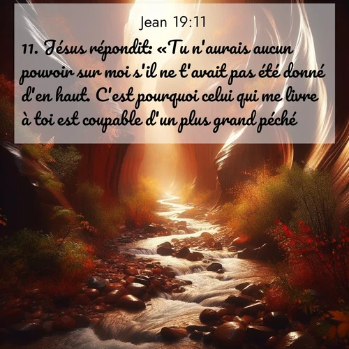 Segond21 Évangile selon Jean  ; image nature: image avec le verset biblique :Jésus répondit: «Tu n&#039;aurais aucun pouvoir sur moi s&#039;il ne t&#039;avait pas été donné d&#039;en haut. C&#039;est pourquoi celui qui me livre à toi est coupable d&#039;un plus grand péché.» ;  ; 19:11