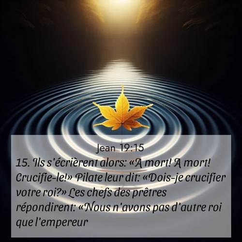 Segond21 Évangile selon Jean  ; image nature: image avec le verset biblique :Ils s&#039;écrièrent alors: «A mort! A mort! Crucifie-le!» Pilate leur dit: «Dois-je crucifier votre roi?» Les chefs des prêtres répondirent: «Nous n&#039;avons pas d&#039;autre roi que l&#039;empereur.» ;  ; 19:15